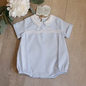 Blue Train Creeper Feltman Brothers Heirloom Romper Newborn 1st Portraits NWT